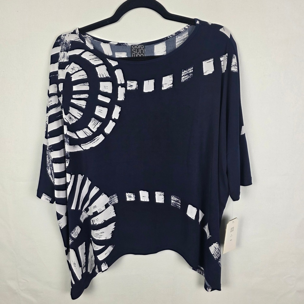 Clara Sunwoo Navy White Abstract Geometric Boxy‎ Top Small NWT Made in USA
